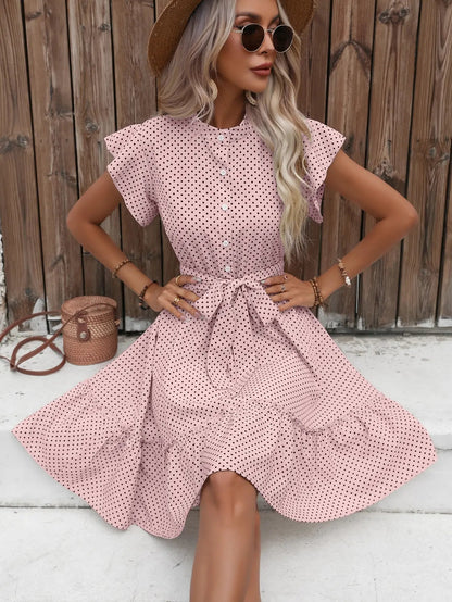 European and American women's polka dot printed butterfly sleeves with ruffled edges and wide pine hem waistband dress Badiee Stylez