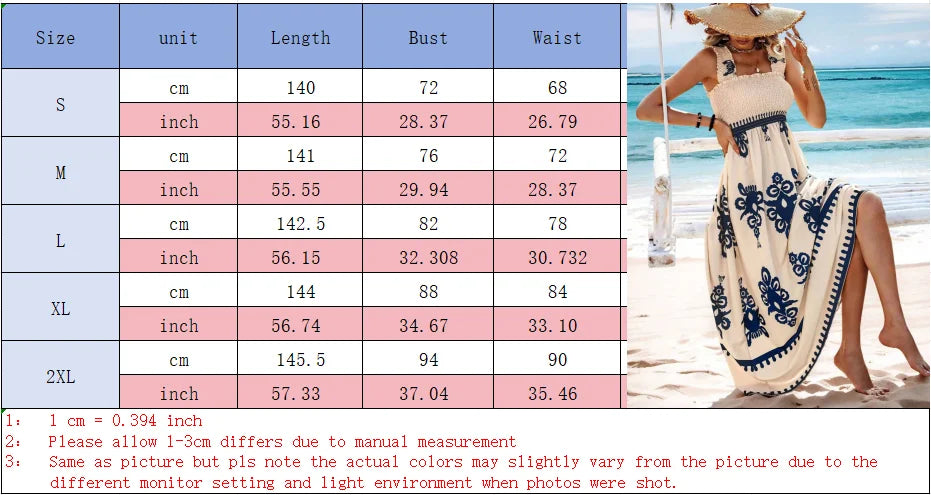 Summer Sleeveless Square Collar Printed Dress Women Suspender High Waist A Line Dresses Beach Vacation Robe