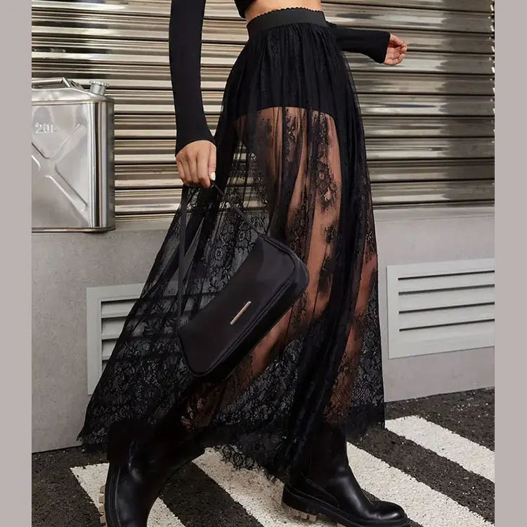Y2k Black Mesh Long Gothic Skirt Women 2025 Summer High Waist Transparent Maxi Skirt With Shorts Lady Sexy White Lace Goth Skirt