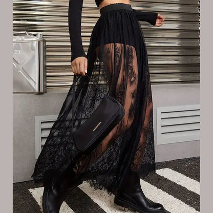 Y2k Black Mesh Long Gothic Skirt Women 2025 Summer High Waist Transparent Maxi Skirt With Shorts Lady Sexy White Lace Goth Skirt
