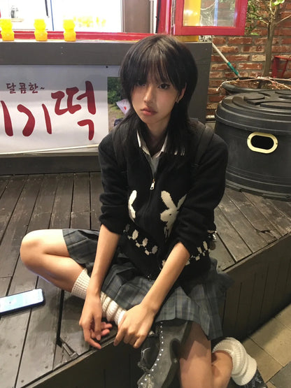 Karrram Japanese Y2k Knit Cardigans Vintage Rabbit Embroidery Zipper Knitwear Harajuku 2000s Korean Knitted Coat Preppy Style