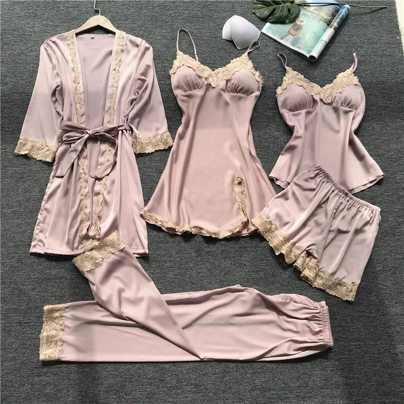 Pajamas Five Piece Set Sexy Lace Trim Nightgown Nightwear Spring Summer Women Bath Robe Loose Silk Satin Home Wear Pijamas Suit Pink 5PCS Set C