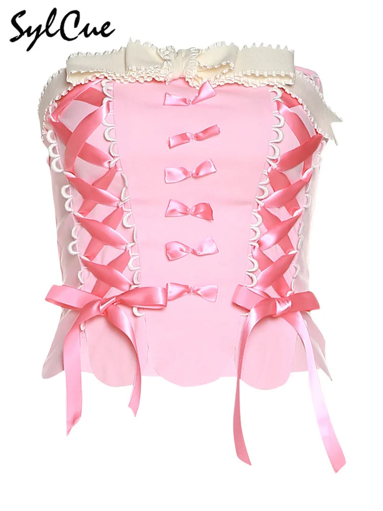 Sylcue Pink Sweet Cool Sexy Tight All-Match Femininity Charm Gorgeous Outer Wear Women'S Street Personality Drawstring Vest