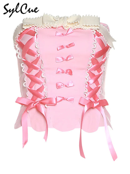 Sylcue Pink Sweet Cool Sexy Tight All-Match Femininity Charm Gorgeous Outer Wear Women'S Street Personality Drawstring Vest