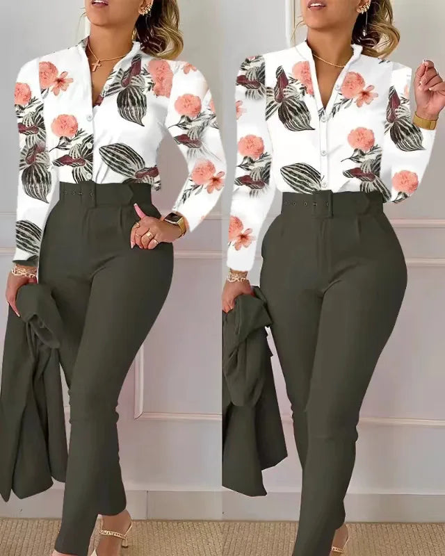 Women's Shirt 2 Pieces Suit Set 2024 Fall Print V Neck Long Sleeve Top Casual High Waist Pockets Work Female Clothes Pants Set