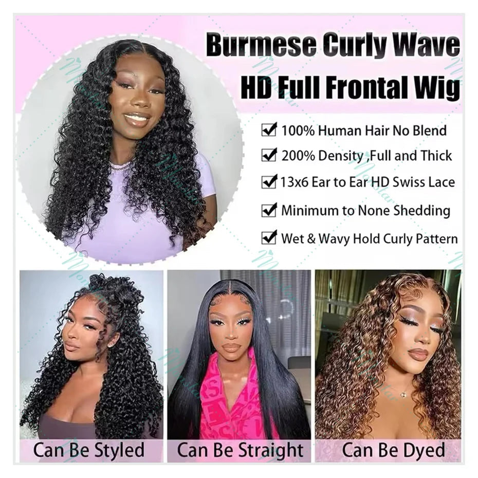 300% Density Burmese Curly Human Hair Wigs 13x4 13x6 HD Full Lace Frontal Wig 100% Human Hair Wigs with Spiral End Natural Black Badiee Stylez