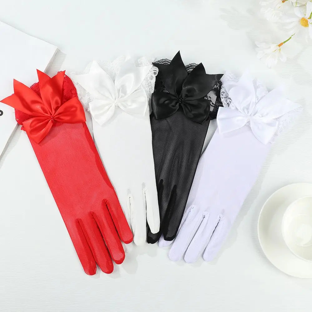 Fashion Bride Bow Lace Chiffon Gloves Women White Gloves Sunscreen Driving Gloves Marriage Party Accessories