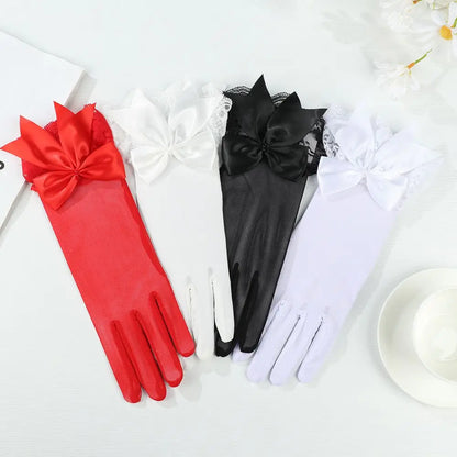 Fashion Bride Bow Lace Chiffon Gloves Women White Gloves Sunscreen Driving Gloves Marriage Party Accessories