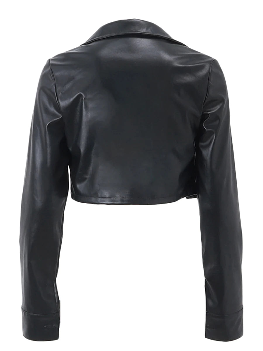 Women Crop Leather Jacket Solid Black Casual Long Sleeve Button Down Jacket Fall Outwear