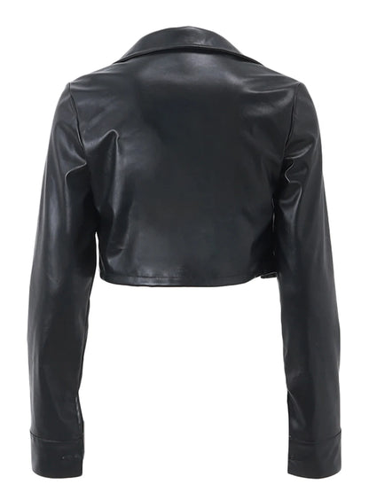 Women Crop Leather Jacket Solid Black Casual Long Sleeve Button Down Jacket Fall Outwear