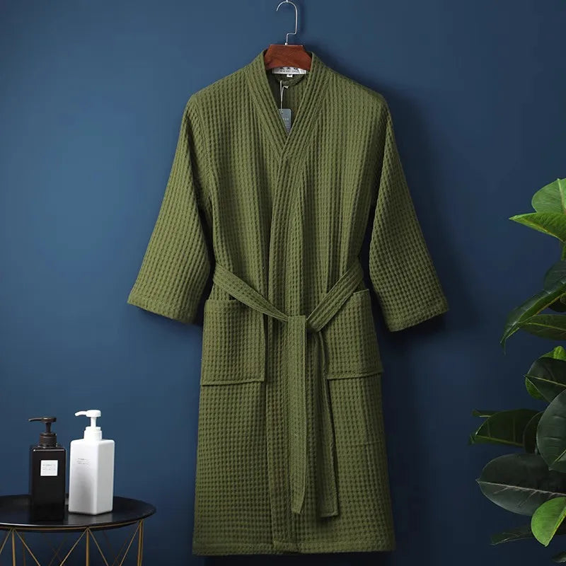Men Women 100% Cotton Terry Bathrobe Suck Water Towel Sleepwear Spa Hotel Long Bath Robe Kimono Plus Size Dressing Gown Lovers army green CHINA