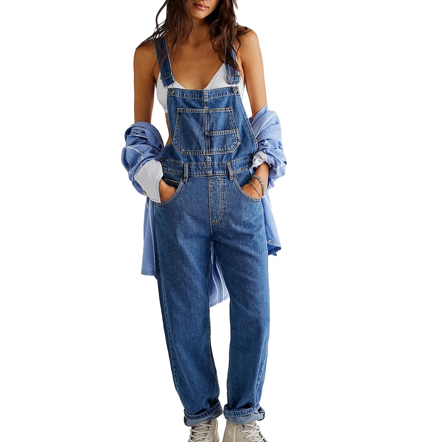 Casual Women Summer Vintage Retro Denim Long Jumpsuit Spaghetti Strap Straight Romper Pants Baggy Bib Overalls Jumpsuits dark blue