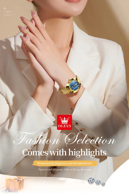 OLEVS Golden Quartz Watch for Women Fashion Elegant Tungsten Steel Case Waterproof Wristwatches Luxury Original Ladies Watch New