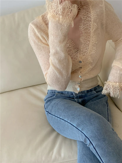 High-fashion Kawaii Botton Up Lace Patchwork Knitted Cardigan Women Autumn Winter Ladies Elegant Vintage Sweater Cheap Wholesale