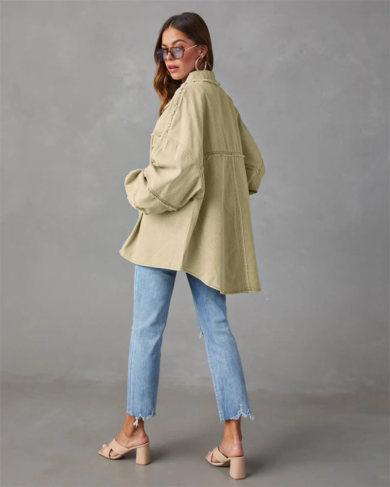 2025 Spring Autumn Shirt Style Denim Jacket Women Holes Raw-edges Jeancoat Casual Tops Female Oversize Loose Outerwear 7 Colors