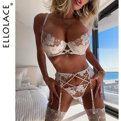 Ellolace Fancy Lingerie Floral Lace Transparent Bra Ensemble Underwear Attractive Chest Suspenders g-String Sexy Outfits 18