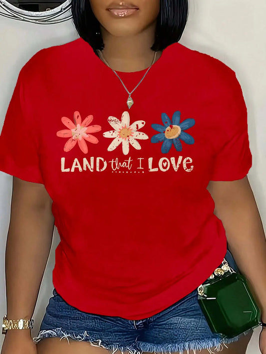 Plus Size Floral LAND that I LOVE Tee Charming Plus Size Top With Colorful Flower Graphics For Romantic Fashion Vibes Red