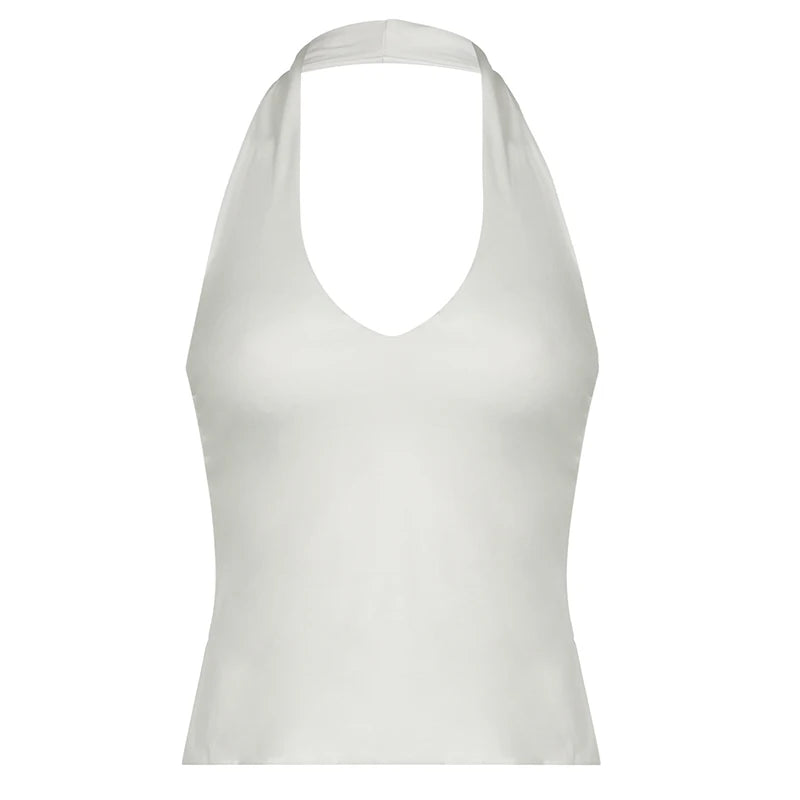 Cuteandpsycho Halter Neck Sext Tops Solid Basic Clubwear Fashion Slim Backless Cloth for Women Y2K Vintage 2000s Streetwear Tee WHITE