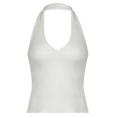 Cuteandpsycho Halter Neck Sext Tops Solid Basic Clubwear Fashion Slim Backless Cloth for Women Y2K Vintage 2000s Streetwear Tee WHITE
