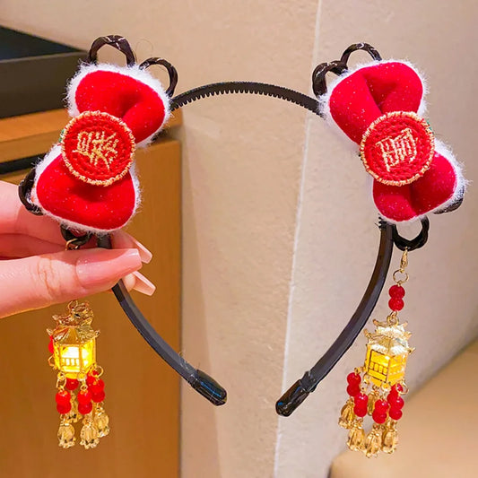 Glowing Hanfu Wig Headband Flower Tassel Chinese Style Luminous Lantern Headband Cute Red New Year Headdress New Year Dress Up Style 2