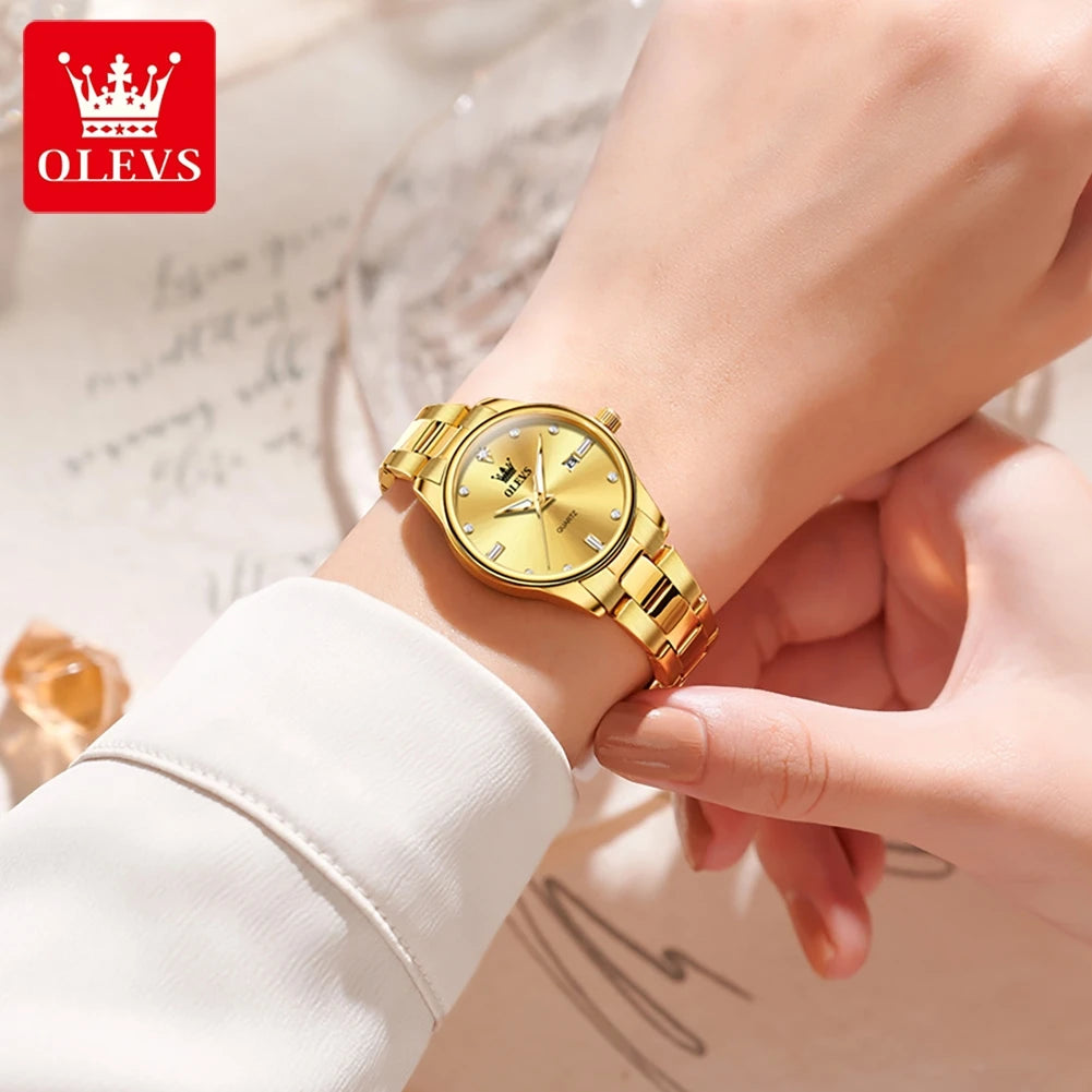 OLEVS Elegant Fashion Brand Women's Watches Gold Waterproof cCalendar Quartz Watch for Lady Stainless Steel Original Wristwatch