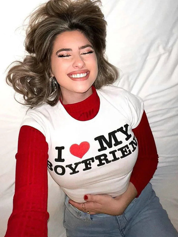 I LOVE MY BOYFRIEND Summer Fashion Girls Cotton Crop Tee Short Short Sleeve Women T-Shirt