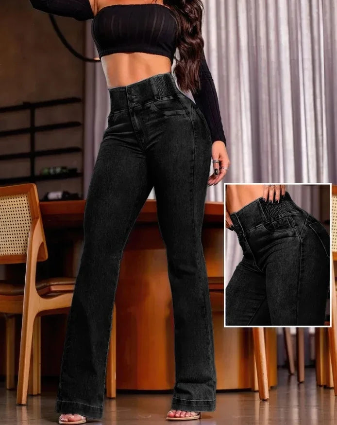 Sexy Elegant New Fashion 2024 Casual Female Trouser Bottom Back Shirred Button Front High Waist Jeans B