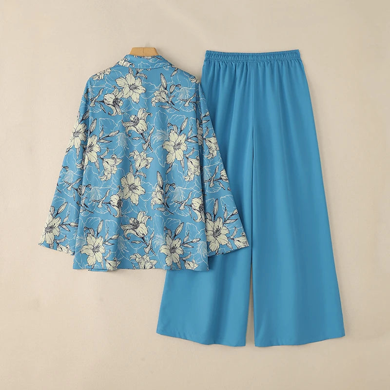 ZANZEA Autumn Vintage Pant Sets Women Fashion 2 Piece Outfits 2025 Elegant Long Sleeve Print Tops and Elastic Waist Pants 2pcs Badiee Stylez