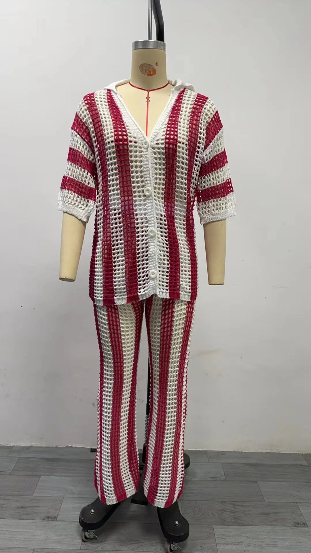 Women With Summer V-neck Button Top & Wide Leg Pants Suits Spring Crochet Hollow Knitted Set Woman 2 Pieces Striped Print