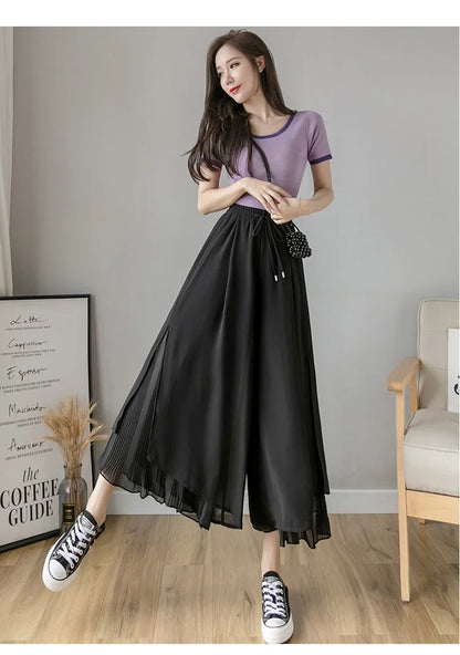 Women Pants Culottes Elastic Wide Leg Irregular Hem Double Layers Korean Trousers Summer Casual Loose Pleated Pants