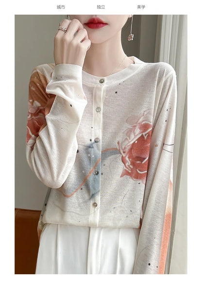 Spring And Summer New Lyocell Water-Soluble Wool Blended Round Neck Knit Cardigan Long Sleeve Feminine Sweater Printed Top
