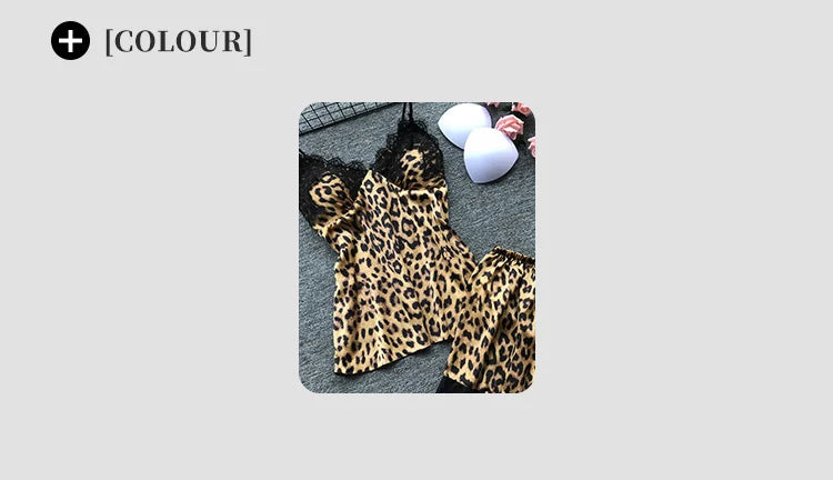 Sexy Leopard Print Sleepwear Women's Cami Top and Shorts Pajama Set Lace Trim Loungewear Trendy Animal Print Pjs New Hot Gift