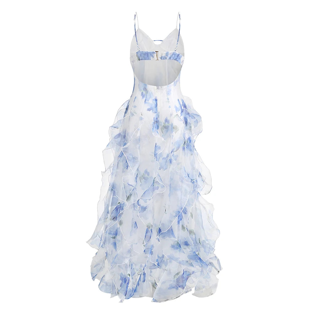 Summer New 2024 Women Sexy V Neck Backless Flower Chiffon Maxi Gowns Dress Split Celebrity Cut Out Beach Maxi Dress