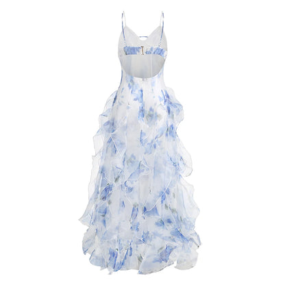 Summer New 2024 Women Sexy V Neck Backless Flower Chiffon Maxi Gowns Dress Split Celebrity Cut Out Beach Maxi Dress