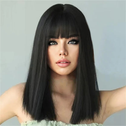 Fashion black synthetic wig female Qi bangs long hair festival daily wig chemical fiber mechanism full head wig