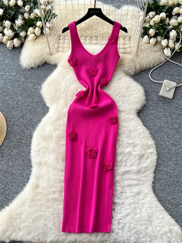 SINGREINY Knitted 3D Flower Chic Dress Sleeveless Slim Solid Elastic Sundress Women Summer Casual Fashion Bodycon Long Dresses rose red One Size