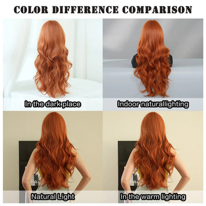 New fashion orange synthetic wig with fringe long curly hair festival daily wig high temperature silk full head cover