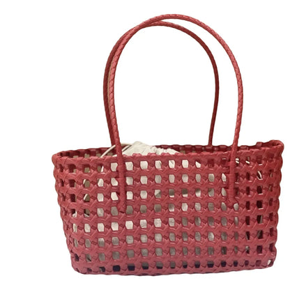 Plastic Hollow Weave Bag Countryside Style Bohemian Style Beach Tote Bag Large Capacity Bucket Bag Vegetable Basket Bag Red with Lining