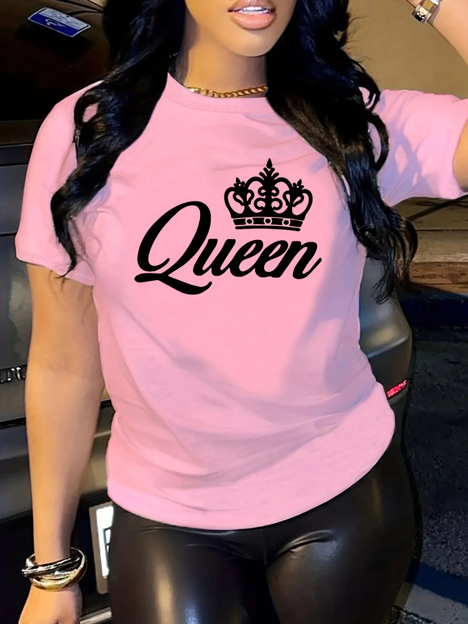 Short Sleeve Crown Letter Print Crew Neck T-Shirt for Spring & Summer Casual Women's Clothing DM1368B-pink