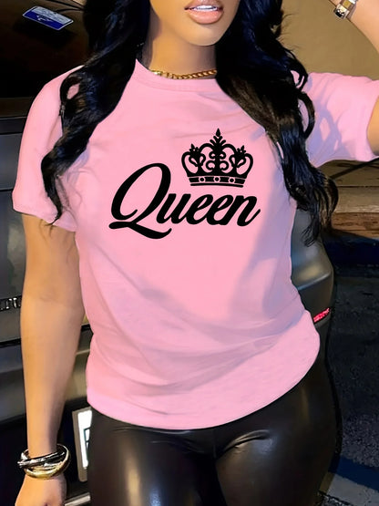 Short Sleeve Crown Letter Print Crew Neck T-Shirt for Spring & Summer Casual Women's Clothing DM1368B-pink