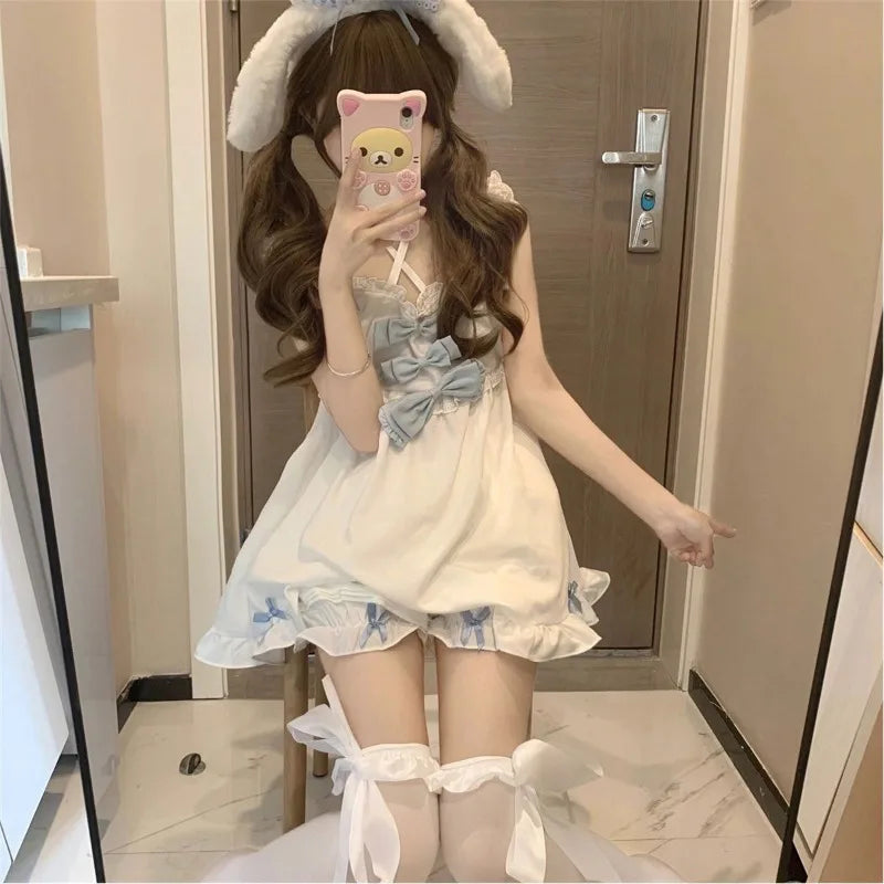 Japanese Soft Girl Strappy Bow Sling Top Shorts Two Piece Set Cotton Pajamas Women's Lolita Sleepwear 2025 New Summer