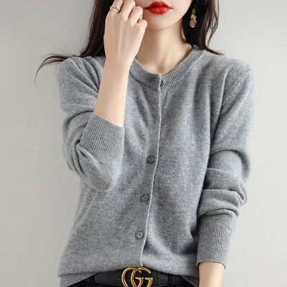 Knitted Cardigan Women's Sweater Autumn And Winter 2022 New Solid Color Coat Round Neck Short Long Sleeve Loose Korean Fashion GRAY CHINA