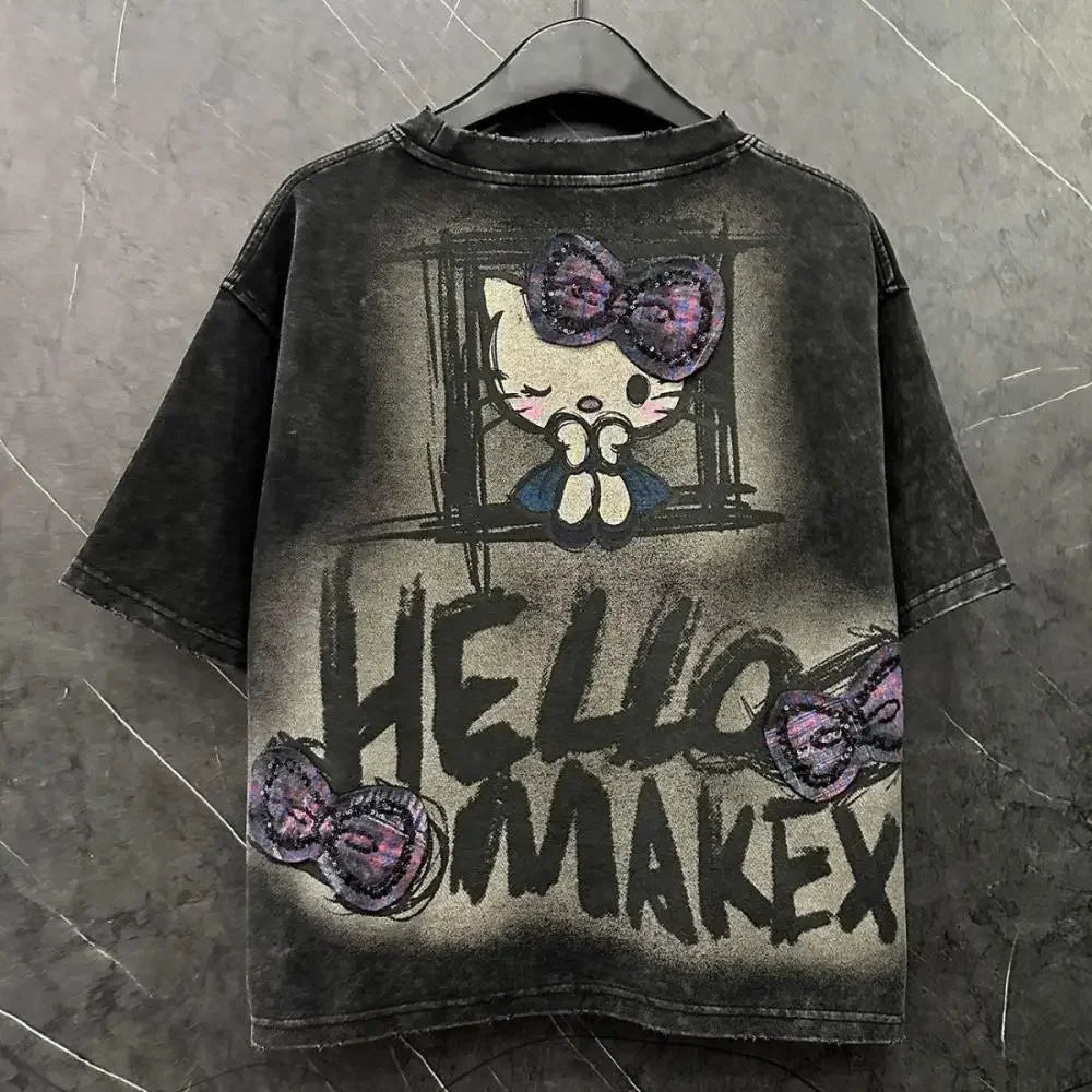 Y2K Hello Kitty Girls Short Sleeve Anime Sanrios Cartoon Cute Summer Sweet Cotton Women T-Shirt Kawaii Casual Loose Trend Tops Badiee Stylez