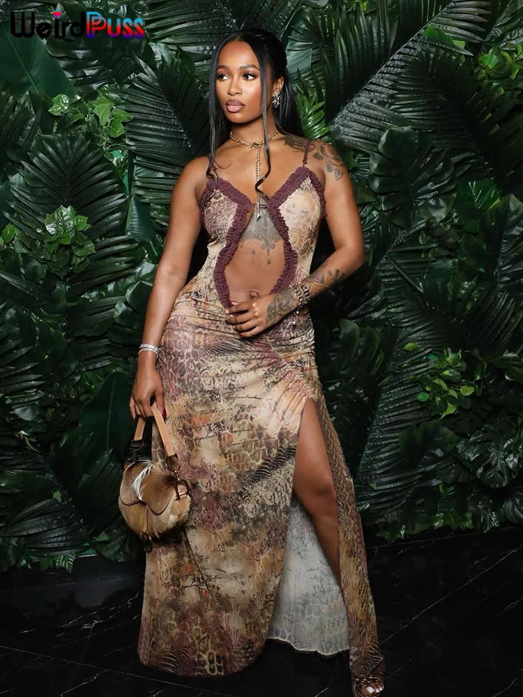 Weird Puss Side Split Women Dress Spaghetti Strap Halter Neck Edible Tree Fungus Hollow Out Sexy Evening Party Ladies Vestido