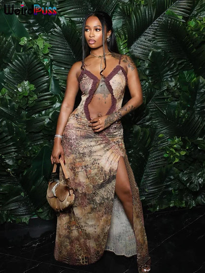 Weird Puss Side Split Women Dress Spaghetti Strap Halter Neck Edible Tree Fungus Hollow Out Sexy Evening Party Ladies Vestido