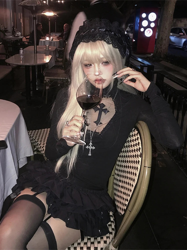 Turtleneck Top Y2k Clothes Black Gothic Cross Hollow Slimming Bottom T Shirt for Women Long Sleeve Sexy T-shirt Girls Tops Badiee Stylez