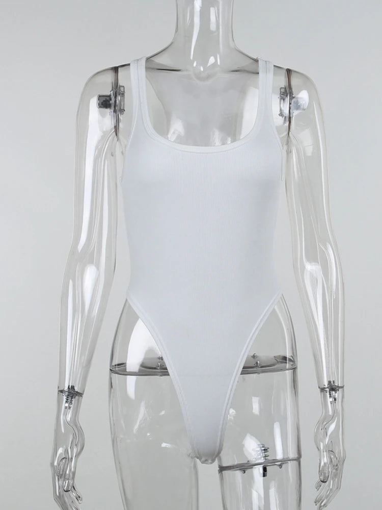 White Sports Tank Top Women Scoop Neck Off Shoulder Body Top Streetwear Ribbed Bodysuits Suit Slim Clothes Catsuit Clothing