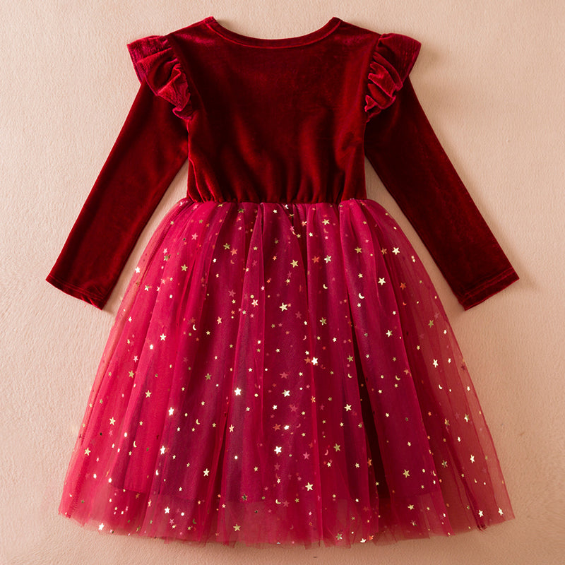 2025 Red Christmas Dress for Baby Girls Winter Long Sleeve Mesh Dresses for 3-8Yrs Kid Star Sequin Birthday Party Princess Dress