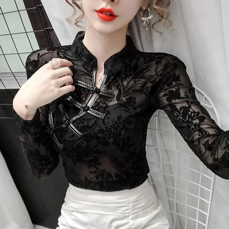 Elegant Chinese Style Mesh Lace Bottoming Shirt Casual Hollow Slim Woman's Shirt Vintage Long Sleeve Sexy Mesh Tops Blusas 11010 black