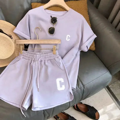 Bull Horn Sleeve Casual Sports Suit Women's Summer Thin Style Summer Running Fashion Western-Style Short Sleeved Shorts Pajamas Purple